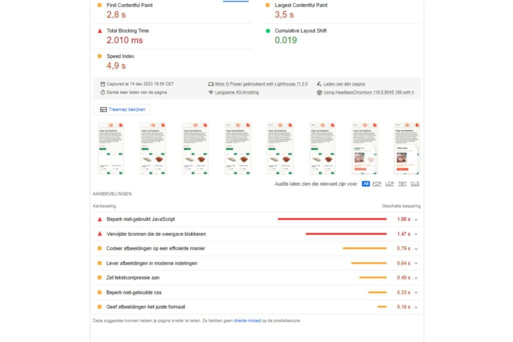 example of testing with google pagespeed insights