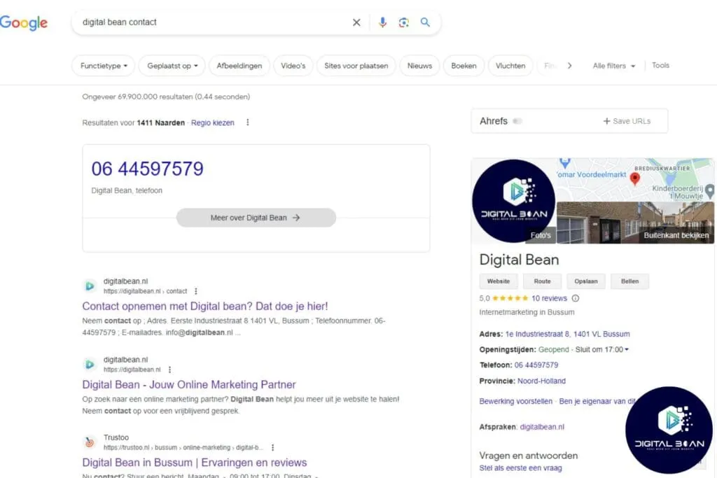 screenshot of a Digital Bean contact search with navigational search intent