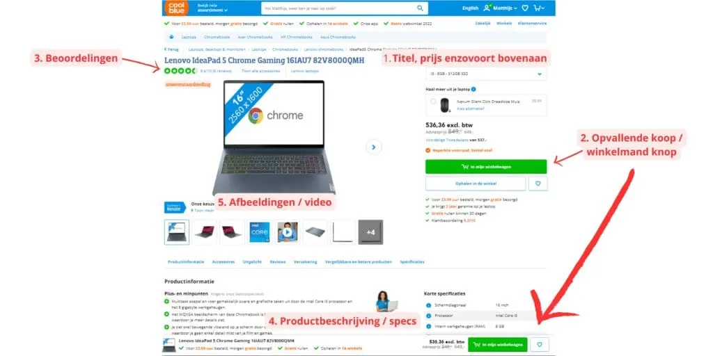 layout of a product page
