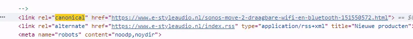 screenshot of html code with a canonical tag