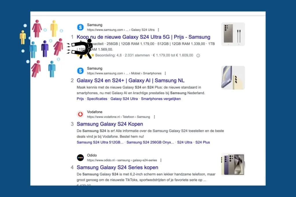 illustration of an SERP meta description with a magnet attracting visitors